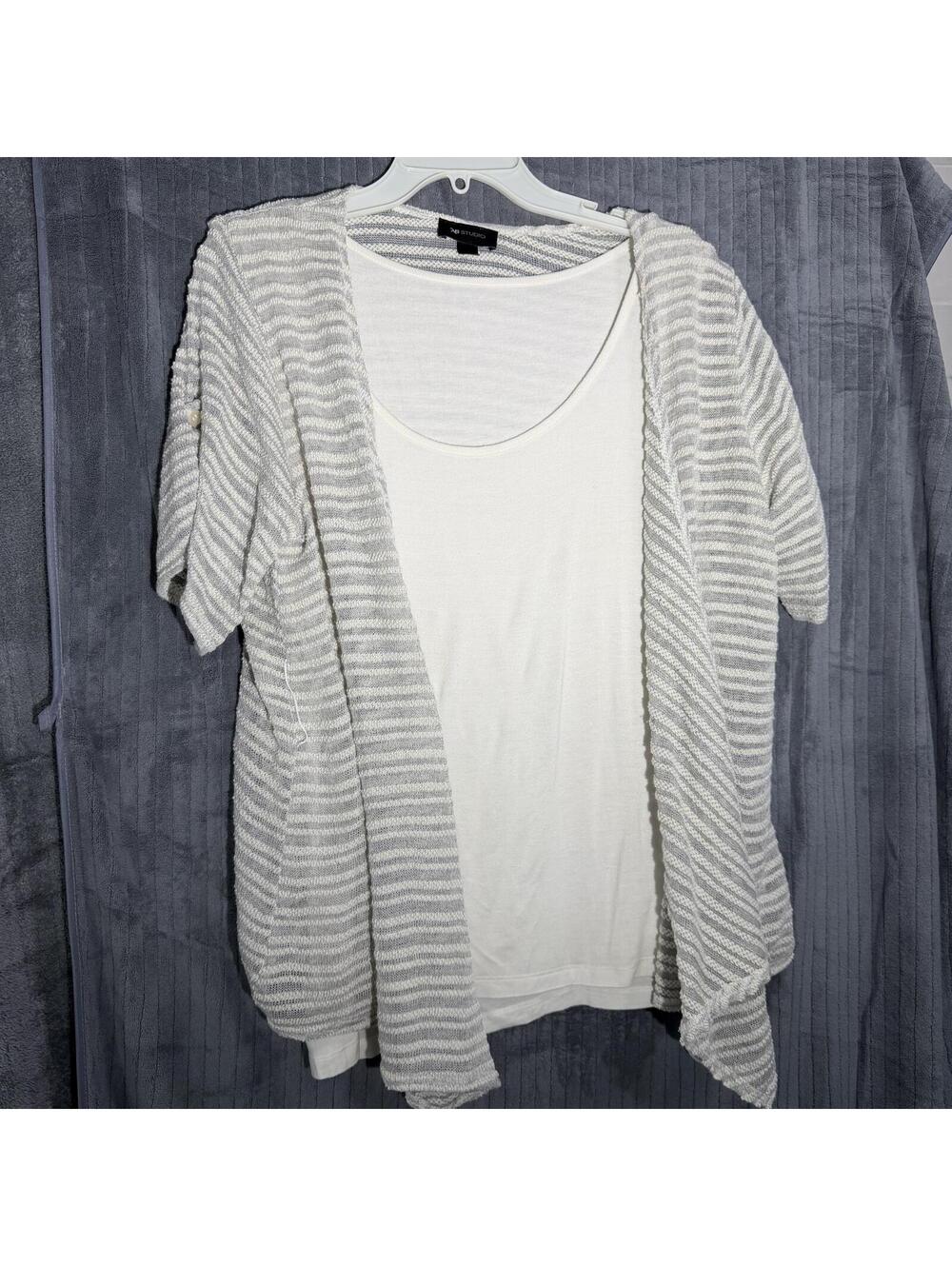 AB Studio XL Striped Knit Cardigan Layered 2-in-1 Top Short Sleeve Gray White